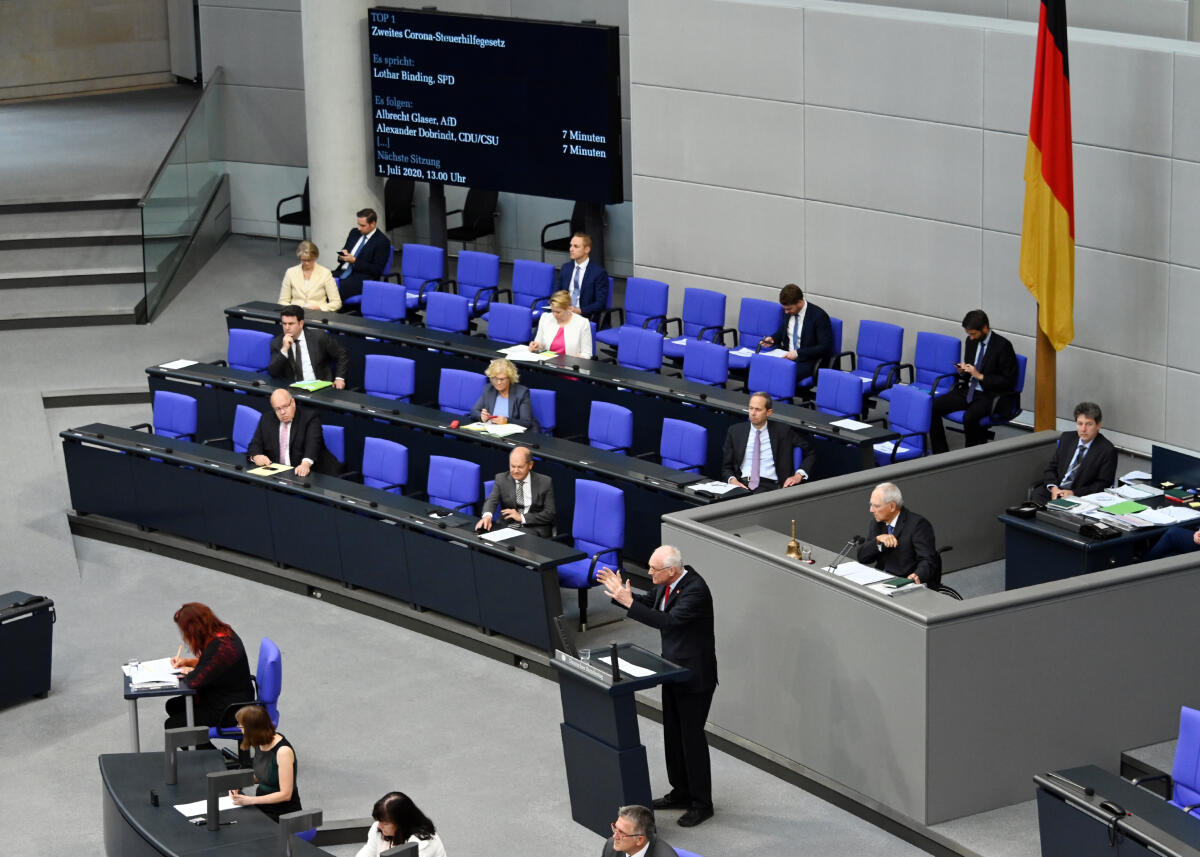  168. Sitzung Deutscher Bundestag, TOP 1, Thema: "Zweites Corona-Steuerhilfegesetz".; Regierungsbank, Übersicht, Videotafel, Fahne, Abstand.