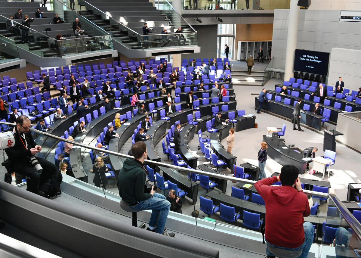  Die 154. Sitzung des Deutschen Bundestages findet auf Grundlage der Corona-Krise mit zahlreichen Veränderungen statt. Dazu gehört vorwiegend: Abstand zueinander halten. Die Stuhlreihen im Plenum sind mit dem Hinweis versehen "Bitte frei lassen", sodass die Bundestagsabgeordneten während der Debatten und Tagesordnungspunkten nicht direkt nebeneinander sitzen. Desweiteren gibt es Hinweise zu Verhaltensmustern. Bundestagspräsident Dr. Wolfgang Schäuble, CDU/CSU, sitzt ohne Schriftführer am Vorsitz. Diese haben neben den Stenographenplätzen, von denen jeweils nur einer stenographiert, Platz genommen. Auf den Pressetribünen dürfen nur drei Fotografen und Kameramänner Platz nehmen.; Übersicht.