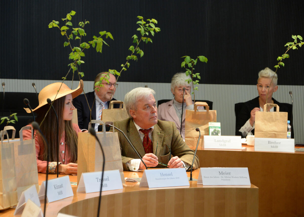 Alois Gerig, CDU/CSU, Vorsitzender des Ausschusses des Deutschen Bundestages für Ernährung und Landwirtschaft, nimmt zu Beginn der Sitzung von der Baumkönigin 2019, Caroline Hensel, (li), den Baum des Jahres 2019, die Flatter Ulme, entgegen. Hensel, Caroline Alois Gerig, CDU/CSU, Vorsitzender des Ausschusses des Deutschen Bundestages für Ernährung und Landwirtschaft, nimmt zu Beginn der Sitzung von der Baumkönigin 2019, Caroline Hensel, (li), den Baum des Jahres 2019, die Flatter Ulme, entgegen.