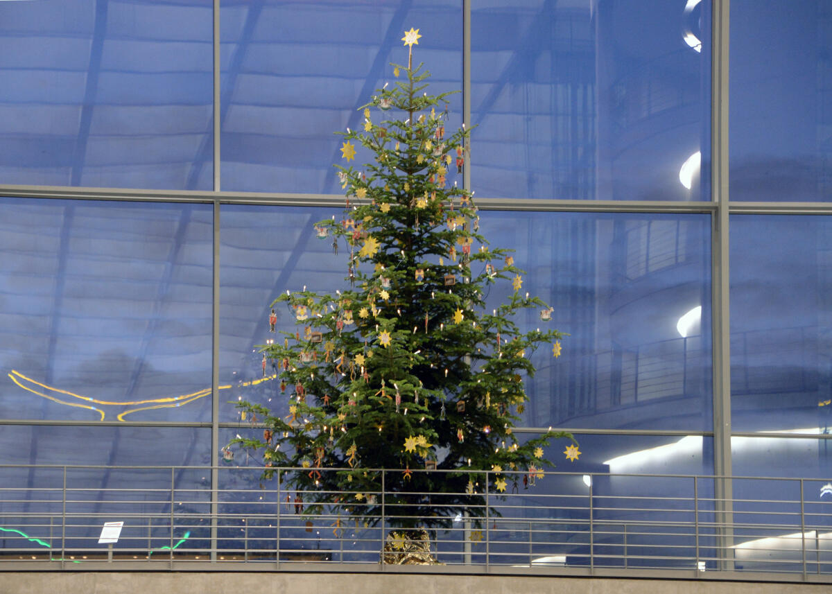  Weihnacht im Deutschen Bundestag. Hier der Weihnachtsbaum der Naturschutzparke auf der Westseite des Paul-Löbe-Hauses.; Weihnachten, Weihnachtsbaum, Baumschmuck, Lichterkette.
