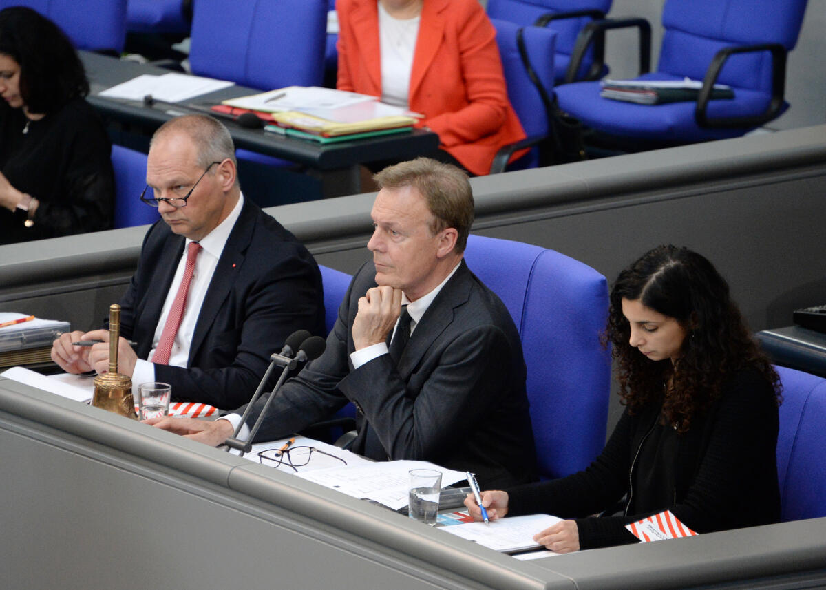 Tatti, Jessica; Stein, Mathias; Oppermann, Thomas Schriftführer, 29. Sitzung Deutscher Bundestag: Jessica Tatti, DIE LINKE, Mathias Stein, SPD, Vorsitz: Bundestagsvizepräsident Thomas Oppermann, SPD.