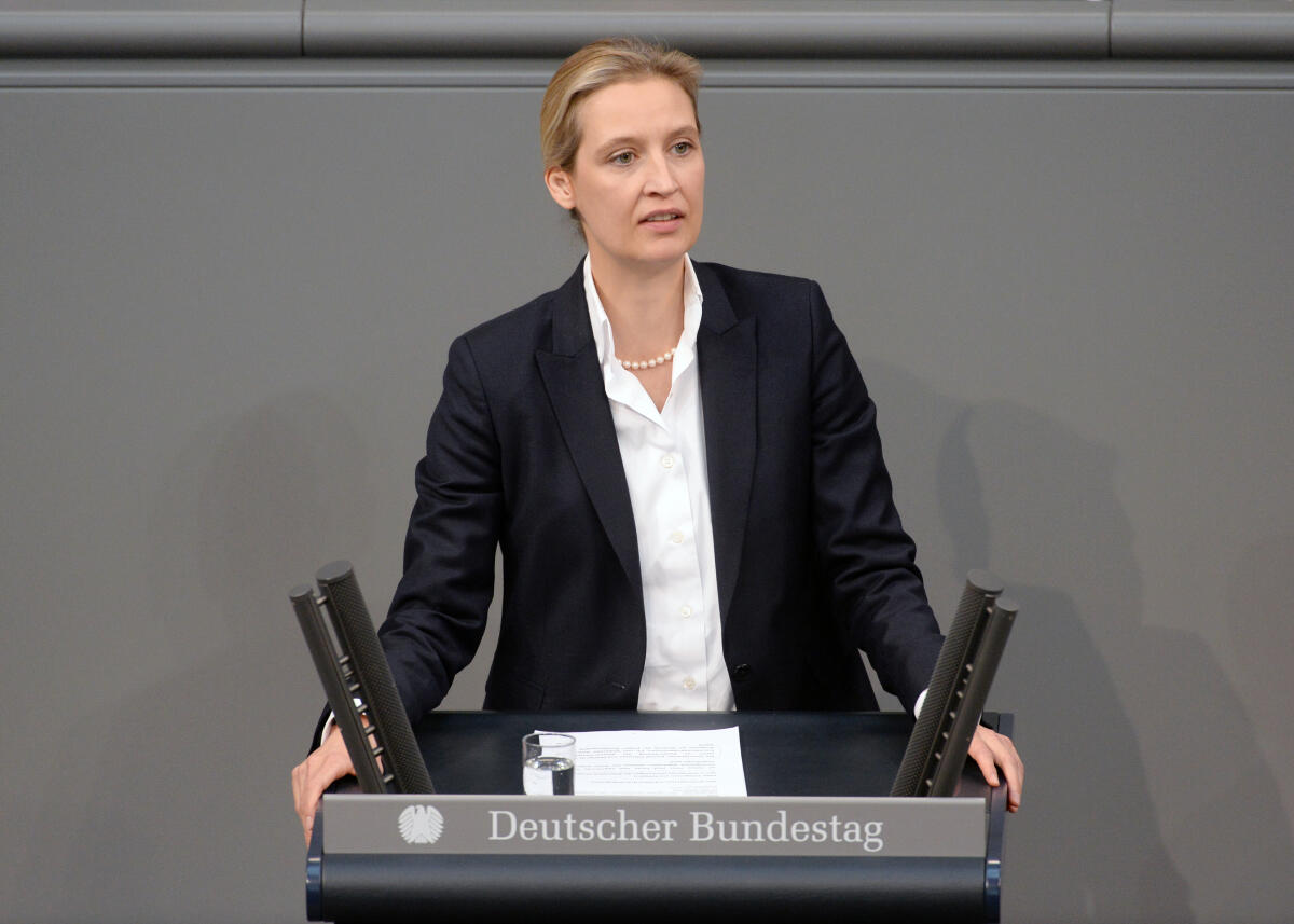 Weidel, Alice Der Deutsche Bundestag und die französische Nationalversammlung haben aus Anlass des 55. Jahrestages des Élysée-Vertrages gemeinsame Sitzungen in Berlin (hier im Bild) und in Paris. Bundestagspräsident Dr. Wolfgang Schäuble, CDU/CSU, und der französische Amtskollege Francois de Rugy, halten Reden. Anschließend reden Mitglieder des Bundestages aller im Bundestag vertretenen Parteien. Hier Dr. Alice Weidel, AfD.; Élysée-Vertrag, Bundestagssitzung, Rednerpult.
