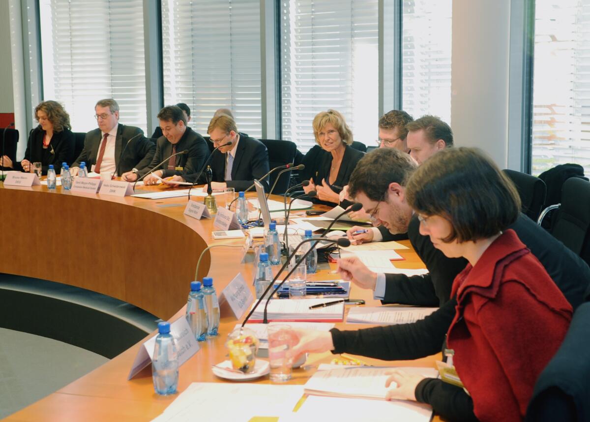 Wöhrl, Dagmar G. Dagmar Wöhrl, (5.v.re), CDU/CSU, Vorsitzende des Ausschusses des Deutschen Bundestages für wirtschaftliche Zusammenarbeit und Entwicklung, empfängt Sachverständige zu einer öffentlichen Anhörung im Ausschuss.