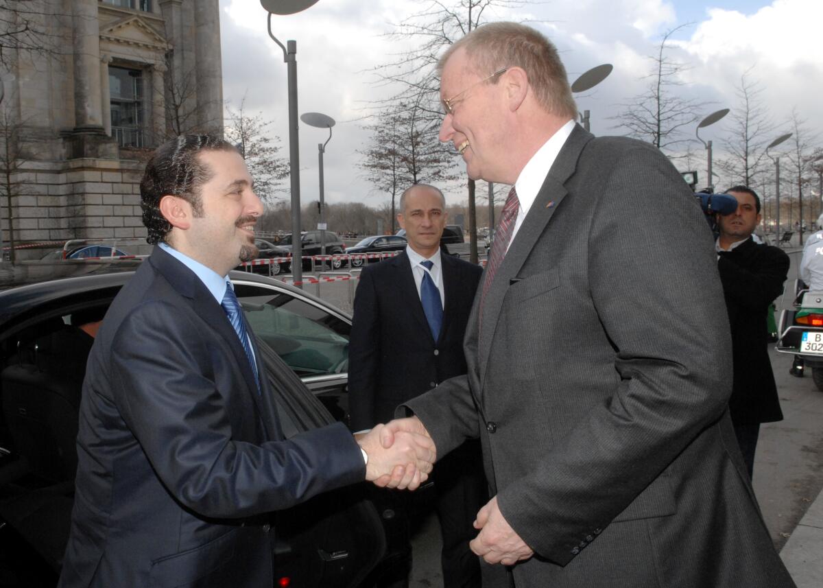 Polenz, Ruprecht; Hariri, Saad Rafik Ruprecht Polenz, (re), CDU/CSU, Vorsitzender des Auswärtigen Ausschusses des Deutschen Bundestages, empfängt den Präsidenten des Ministerrates der Libanesischen Republik, Saad Rafik Hariri, (li), zu einer Ausschusssitzung.