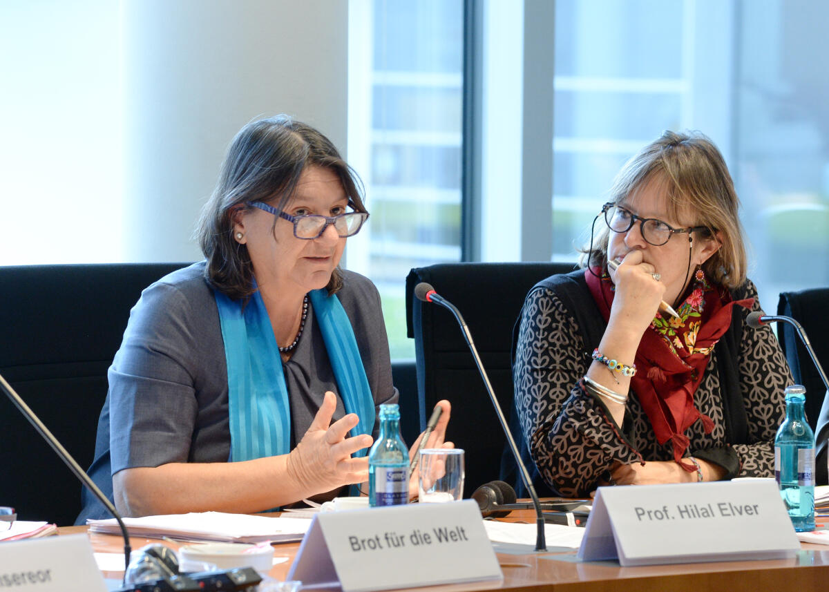 Prof. Hilal Elver, (li), Sonderberichterstatterin der Vereinten Nationen für das Recht auf Nahrung, ist zu Gast beim Ausschuss des Deutschen Bundestages für wirtschaftliche Zusammenarbeit und Entwicklung. Heike Hänsel, (re), DIE LINKE, Mitglied des Bundestages und des Ausschusses, leitet die Sitzung. Hänsel, Heike; Elver, Hilal Prof. Hilal Elver, (li), Sonderberichterstatterin der Vereinten Nationen für das Recht auf Nahrung, ist zu Gast beim Ausschuss des Deutschen Bundestages für wirtschaftliche Zusammenarbeit und Entwicklung. Heike Hänsel, (re), DIE LINKE, Mitglied des Bundestages und des Ausschusses, leitet die Sitzung.