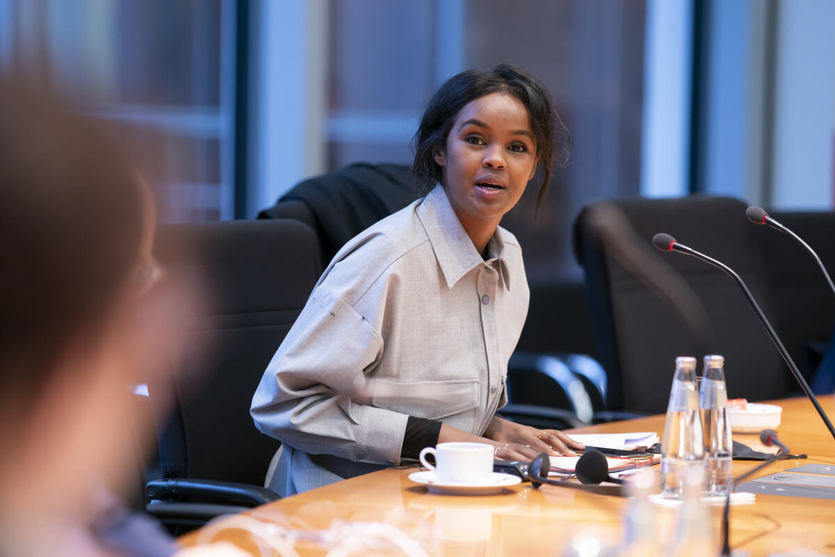 Die Trägerin des Deutschen Afrika-Preises 2020, Frau Ilwad Elman aus Somalia, im Gespräch mit dem Ausschuss für wirtschaftliche Zusammenarbeit und Entwicklung des Deutschen Bundestages. Die Trägerin des Deutschen Afrika-Preises 2020, Frau Ilwad Elman aus Somalia, im Gespräch mit dem Ausschuss für wirtschaftliche Zusammenarbeit und Entwicklung des Deutschen Bundestages.