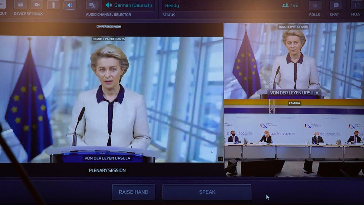 Leyen, Ursula von der Dr. Ursula von der Leyen, Präsidentin der Europäischen Kommission, spricht bei der Hochrangigen Interparlamentarischen Konferenz zu Migration und Asyl in Europa. Diese Konferenz fand, Corona bedingt, als Videokonferenz statt.