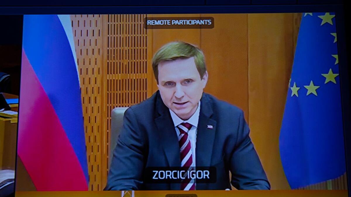 Zorčič, Igor Igor Zorčič, Präsident der slowenischen Staatsversammlung, während der Hochrangigen Interparlamentarischen Konferenz zu Migration und Asyl in Europa. Diese Konferenz fand, Corona bedingt, als Videokonferenz statt.