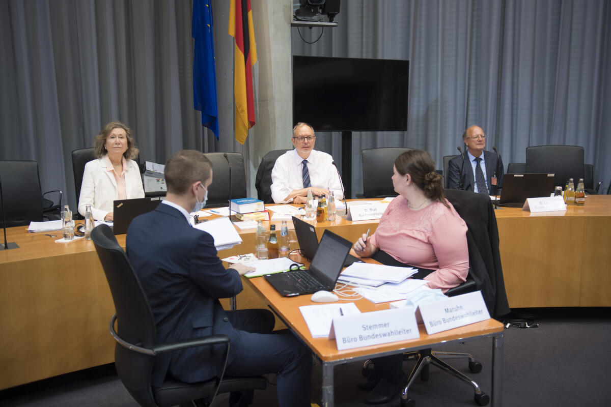 Sitzung des Bundeswahlauschusses im Deutschen Bundestag unter Leitung des Bundeswahlleiter Dr. Georg Thiel (mitte). Thiel, Georg Sitzung des Bundeswahlauschusses im Deutschen Bundestag unter Leitung des Bundeswahlleiter Dr. Georg Thiel (mitte).