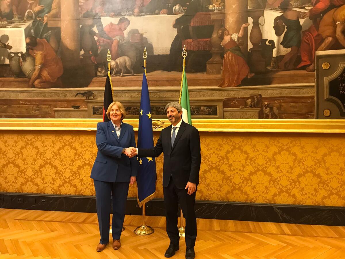 Bas, Bärbel; Fico, Roberto Bundestagspräsidentin Bärbel Bas (l), SPD, MdB, reist zum Antrittsbesuch nach Rom. Hier mit dem Präsidenten der italienischen Abgeordnetenkammer, Roberto Fico (r).