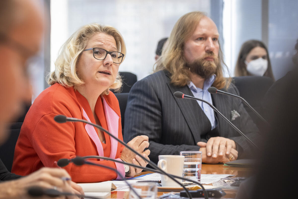 Bundesministerin für wirtschaftliche Zusammenarbeit und Entwicklung Svenja Schulze (l), SPD, MdB, zu Gast im Ausschuss für die Angelegenheiten der Europäischen Union unter Leitung des Vorsitzenden Dr. Anton Hofreiter (r), Bündnis 90/Die Grünen, MdB. Schulze, Svenja; Hofreiter, Anton Bundesministerin für wirtschaftliche Zusammenarbeit und Entwicklung Svenja Schulze (l), SPD, MdB, zu Gast im Ausschuss für die Angelegenheiten der Europäischen Union unter Leitung des Vorsitzenden Dr. Anton Hofreiter (r), Bündnis 90/Die Grünen, MdB.