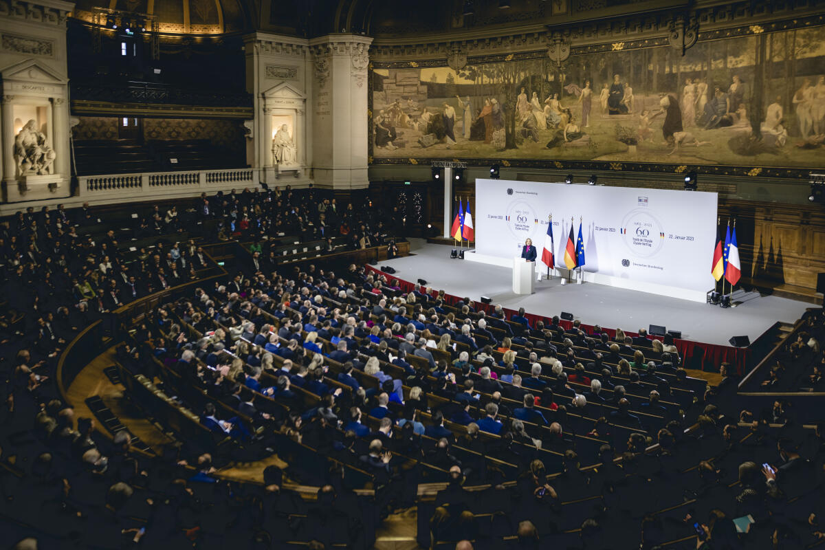 Bundestagspräsidentin Bärbel Bas, SPD, MdB, während ihrer Rede im Rahmen der Feierlichkeiten des 60. Jubiläum der Unterzeichnung des Élysée-Vertrages in der Sorbonne in Paris.; Hier: Saalübersicht Bas, Bärbel Bundestagspräsidentin Bärbel Bas, SPD, MdB, während ihrer Rede im Rahmen der Feierlichkeiten des 60. Jubiläum der Unterzeichnung des Élysée-Vertrages in der Sorbonne in Paris.; Hier: Saalübersicht