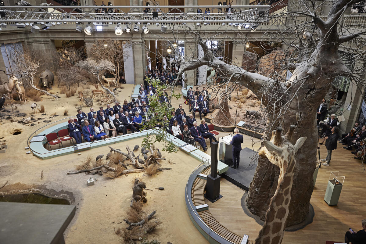 Feierstunde aus Anlass des 75. Jahrestages der konstituierenden Sitzung des Parlamentarischen Rates im Museum Koenig Bonn. Blick in den Lichthof während der Begrüßungsansprache Bundesratspräsidenten, Dr. Peter Tschentscher. Feierstunde aus Anlass des 75. Jahrestages der konstituierenden Sitzung des Parlamentarischen Rates im Museum Koenig Bonn. Blick in den Lichthof während der Begrüßungsansprache Bundesratspräsidenten, Dr. Peter Tschentscher.