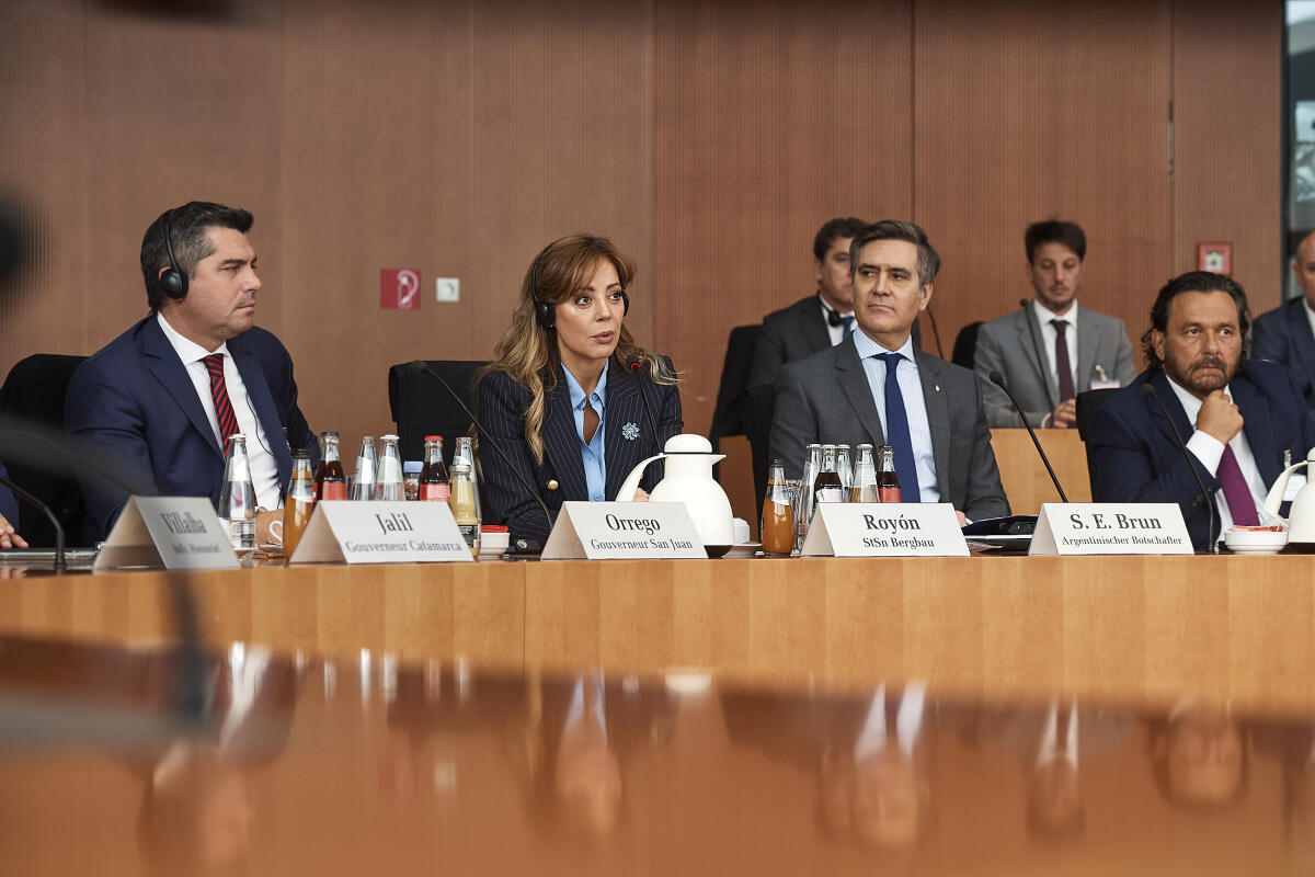 Royón, Flavia Gespräch des Wirtschaftsausschusses mit einer Delegation der Argentinischen Republik, Frau Flavia Royón, Staatssekretärin für Bergbau aus der neuen Regierung Milei, (2. von links), sowie die Gouverneure der drei Bundesstaaten des sog. Lithiumdreiecks.