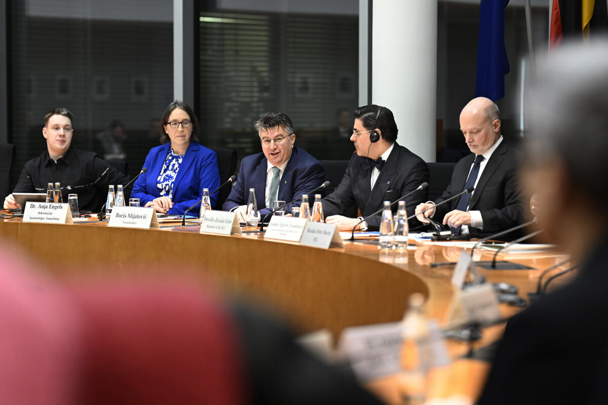 Mijatović, Boris Fachgespräch im Unterausschuss Internationale Ordnung, Vereinte Nationen und internationale Organisationen mit dem Kanzler des Internationalen Strafgerichtshofs und Beratern. Hier zu sehen Begrüßung durch den Vorsitzenden des Unterauschusses, Boris Mijatović, MdB, Bündnis 90/Die Grünen